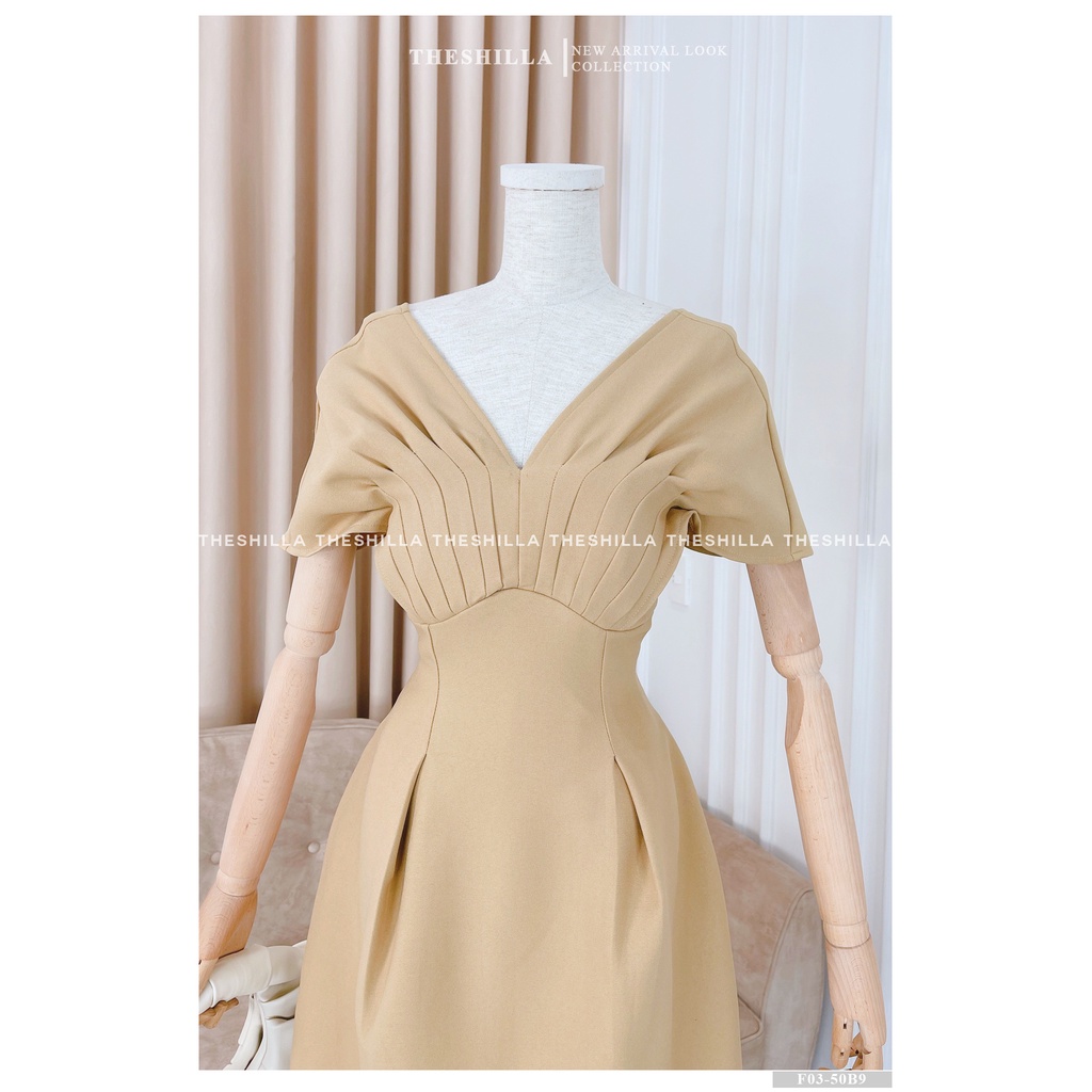 Váy thiết kế cao cấp màu  kem tay cánh dơi chiết eo form xòe  [ Có video + Ảnh thật ] The Shilla - F03-50B9