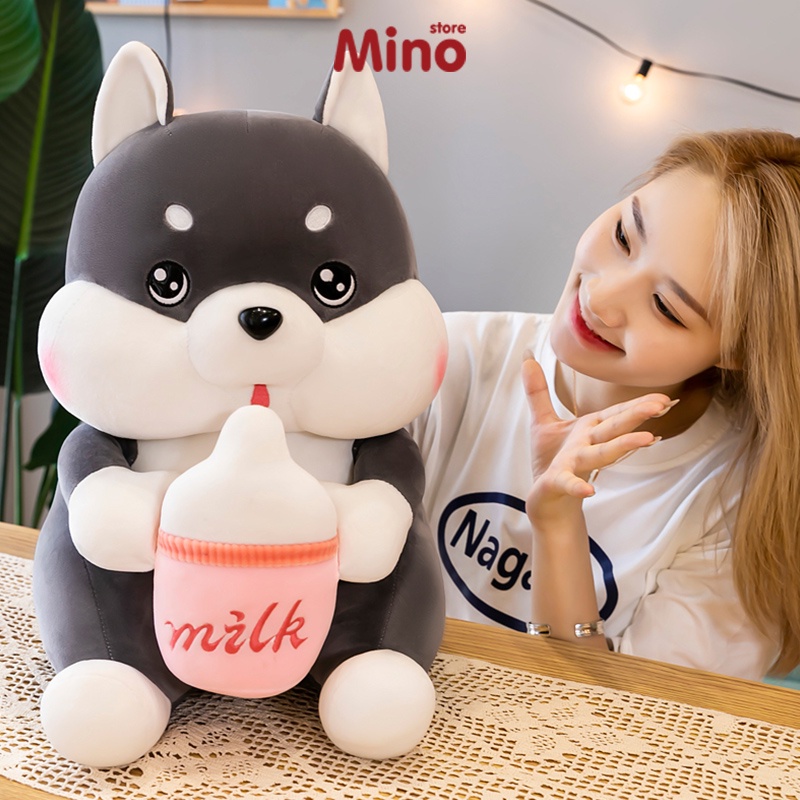 Gấu Bông Chó Husky Ôm Bình Sữa Cute Dễ Thương MINO STORE Mềm Mại Ôm Ngủ Mềm Mịn 70cm TH76