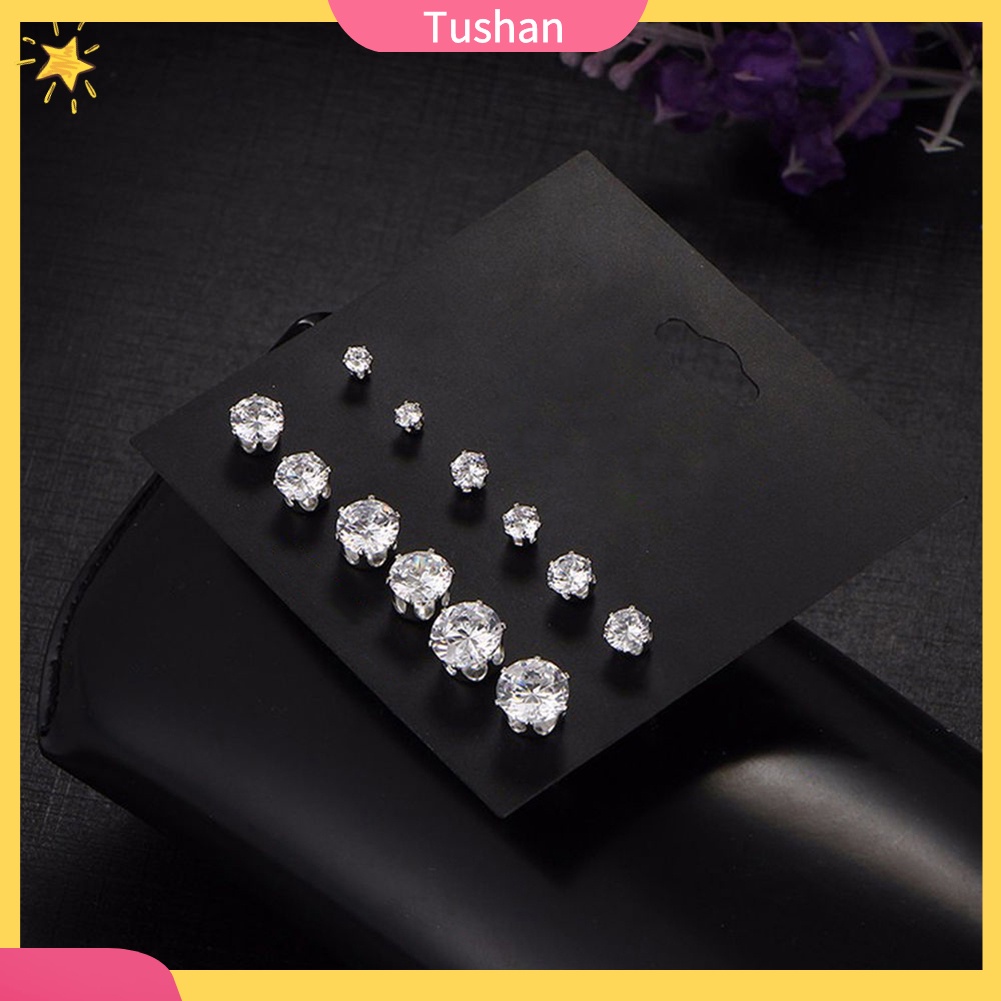 Set 6 đôi khuyên tai dạng nụ đính đá cubic zirconia hình tròn thời trang sang trọng cho nữ