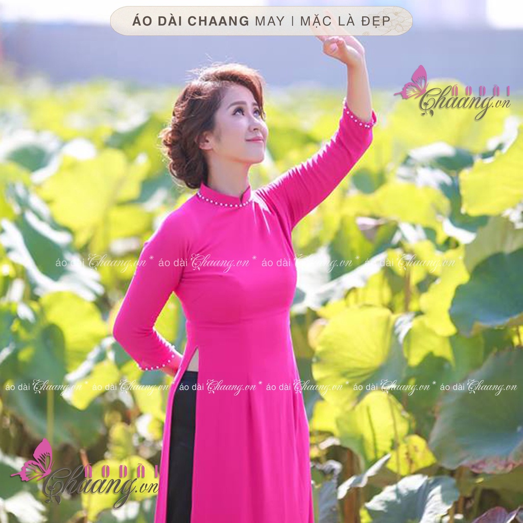Áo dài 4 tà hồng sen đỏ_Chaang_May sẵn áo truyền thống đính đá ngọc, vải lụa đẹp