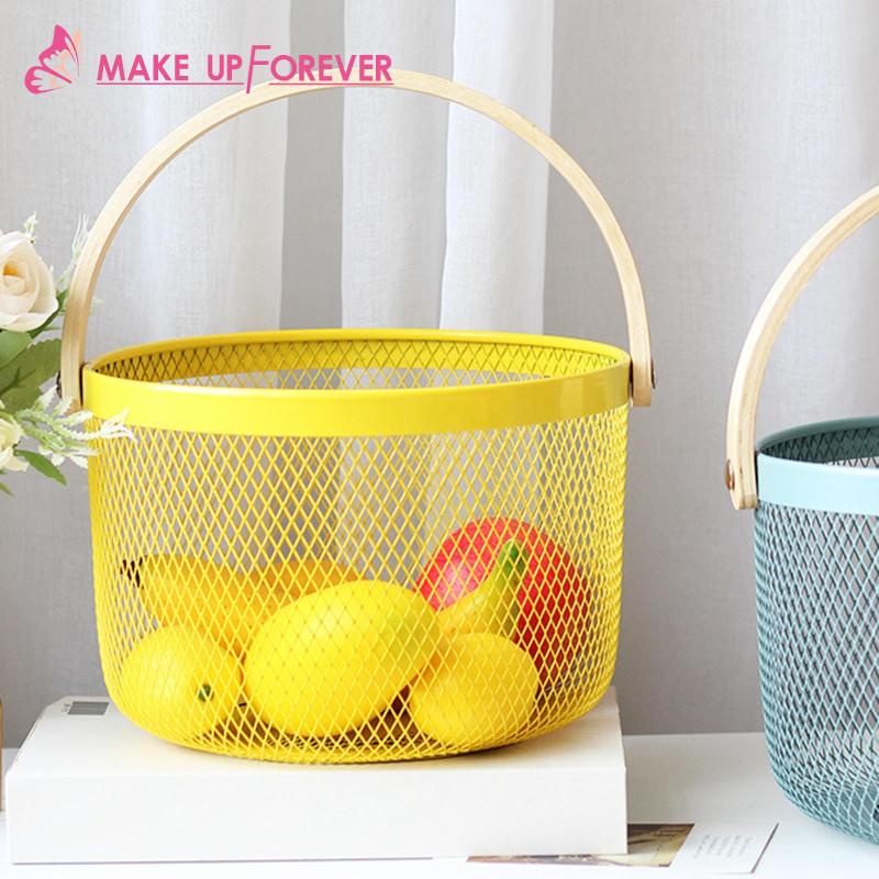 Giỏ Sắt Đựng Đồ Mua Sắm Có Tay Cầm Bằng Gỗ Tre Tiện Dụng Cho Nhà Bếp / Văn Phòng