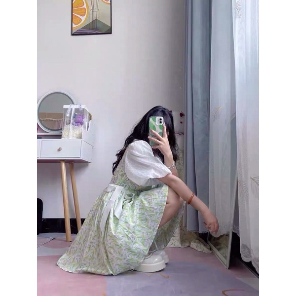Đầm Váy Voan Hoa Tay Áo Phồng Giả 2 Mảnh Cổ Viền Ren Búp Bê Dễ Thương KM005