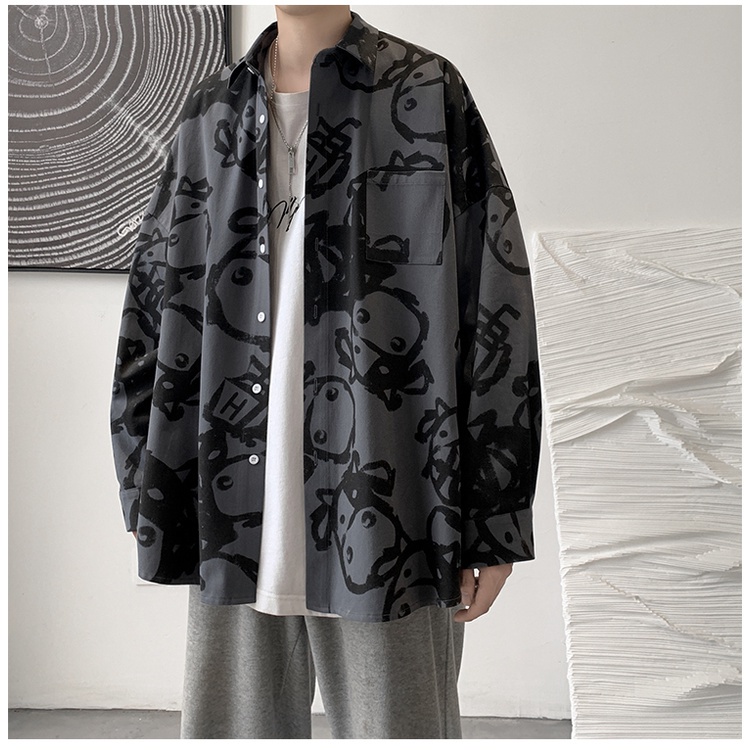 Áo sơ mi tay dài dáng rộng cài khuy kiểu Hồng Kông đường phố cá tính cho nam