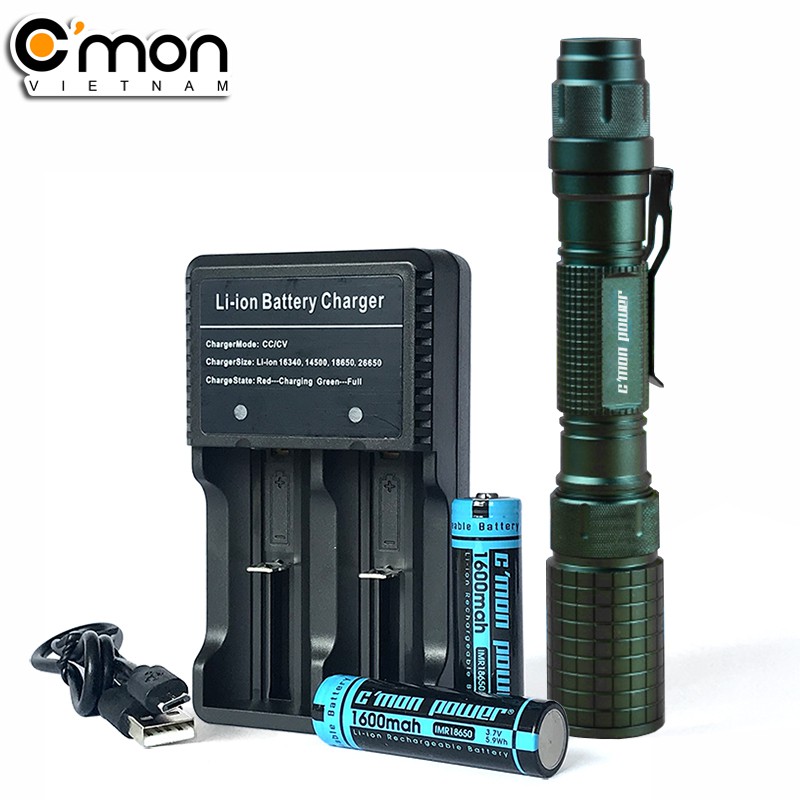 Bộ 1 đèn pin siêu sáng C'mon Power DELTA XML-L2 + 2 pin sạc + bộ sạc đôi nhanh USB 1A