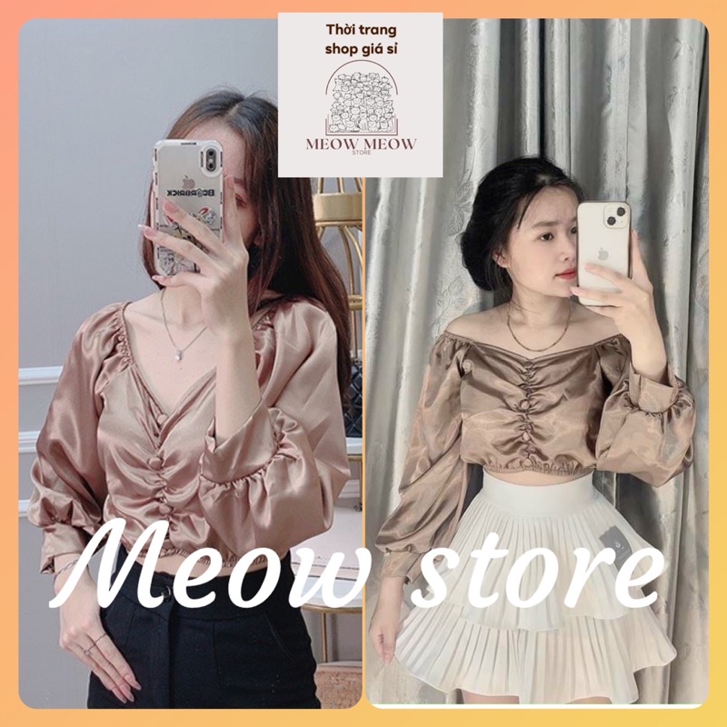 Áo trễ vai croptop tay bồng trễ vai phi lụa tiểu thư