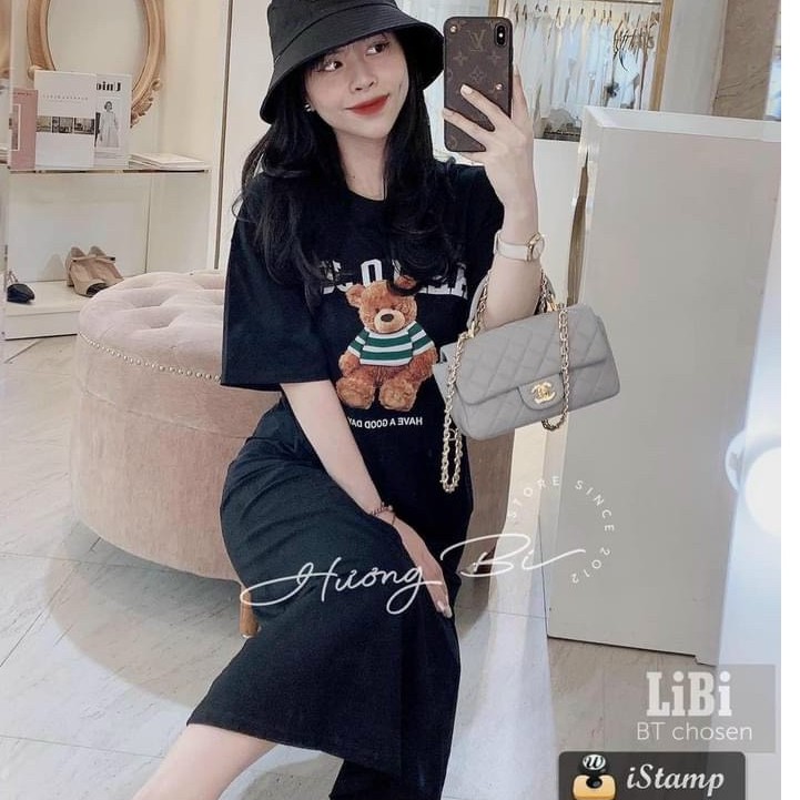 Đầm suông nữ, váy suông nữ cộc tay mùa hè in chú gấu kute