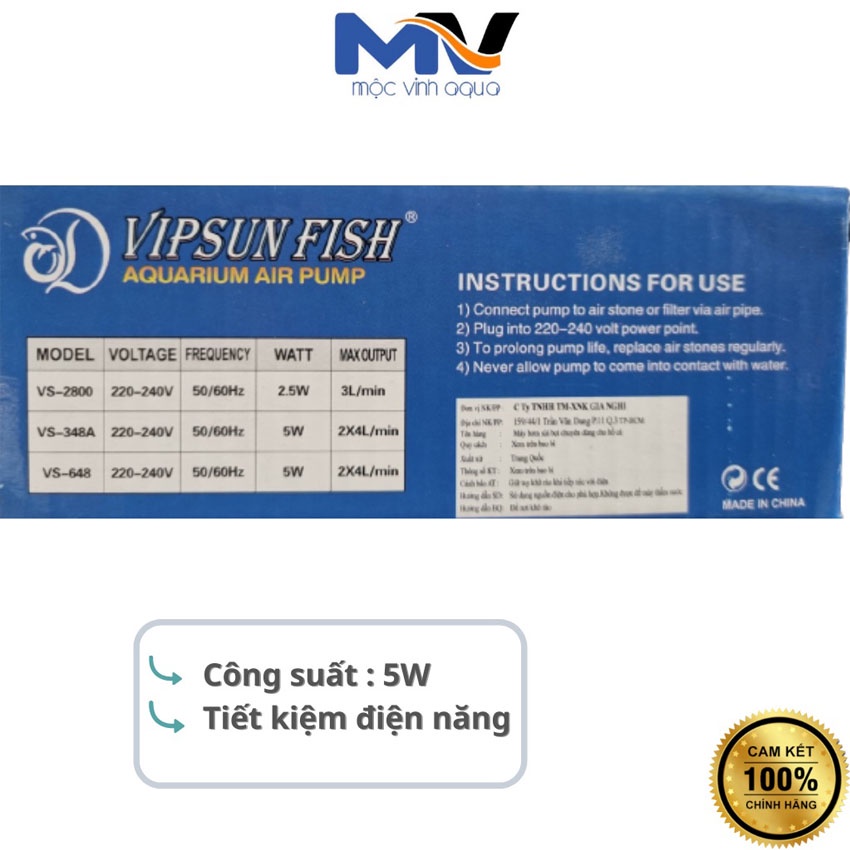 Máy sủi oxy hồ cá 2 vòi Vipsun siêu êm, nhỏ gọn