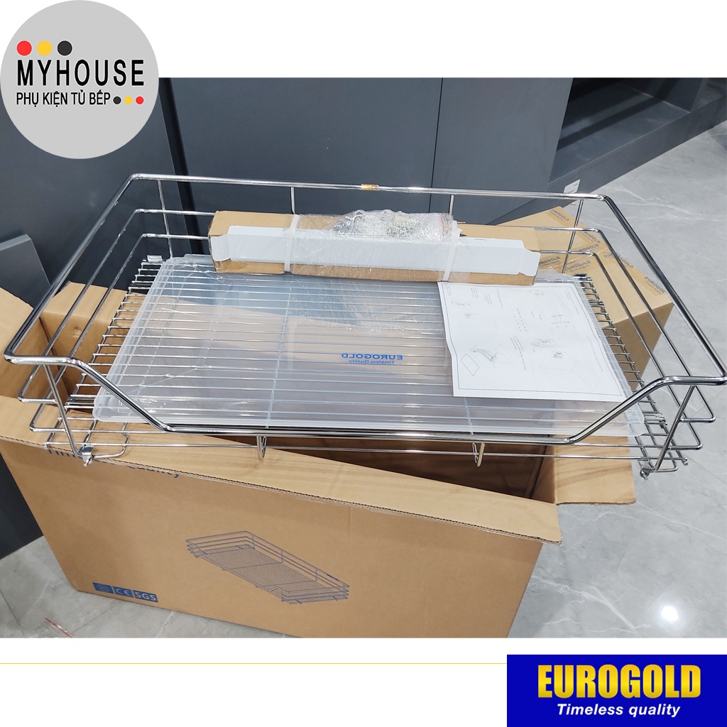 Kệ để xoong nồi EUROGOLD Inox 304 nan dẹt ray giảm chấn, Kệ để đồ tủ bếp dưới, phụ kiện tủ bếp