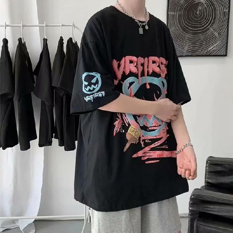 Áo thun tay ngắn cổ tròn dáng rộng in họa tiết Graffiti phong cách đường phố thời trang cho nam size M-5XL