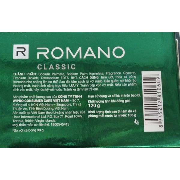 Xà bông thơm Romano Classic loại mới (120g) tặng thêm 33% giá không đổi | BigBuy360 - bigbuy360.vn