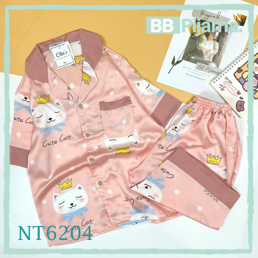 Đồ Bộ Mặc Nhà Pijama Lụa Satin. Đồ Ngủ , Bộ Ngủ Lụa, Họa tiết cực cute!