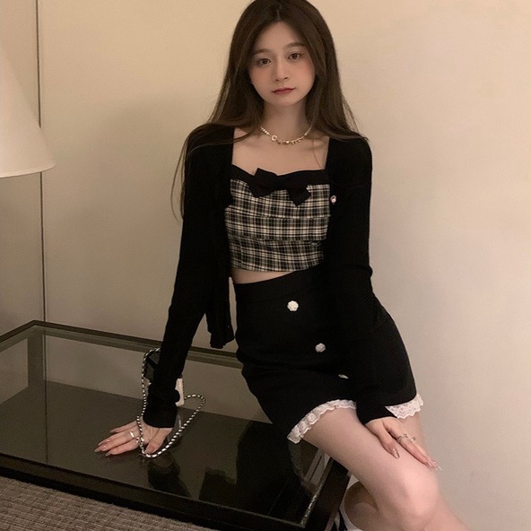 Áo hai dây ZHELIHANGFEI vải dệt kim ngắn thắt nơ họa tiết ca rô