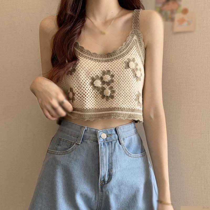 Áo Hai Dây Dệt Kim Họa Tiết Hoa Phong Cách Hàn Quốc Thời Trang Hè Cho Nữ