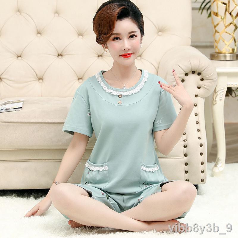 Bộ đồ ngủ của mẹ, quần dài ngắn tay bằng cotton phụ nữ, dịch vụ phục tại nhà cho người béo plus size, trung niên v