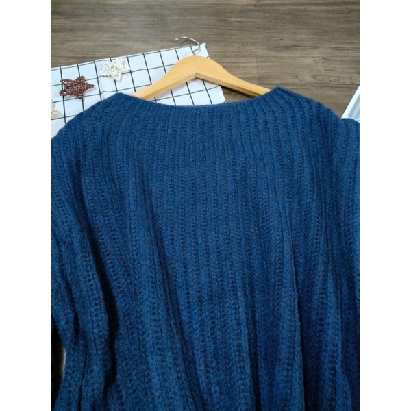 Áo len đan móc cổ tròn màu xanh dày đẹp hàng QC