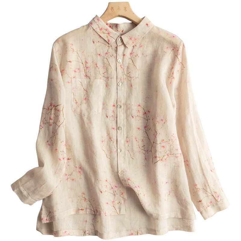 Ice tops floral cotton linen long-sleeved shirt linen foreign trade export big brand discount