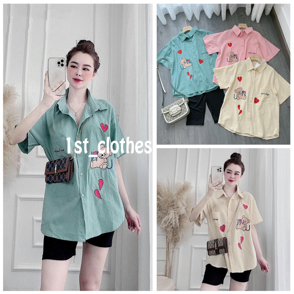Áo Sơ Mi Gấu Trái Tim Thêu Chữ NICE TO MEET YOU Siêu Cute