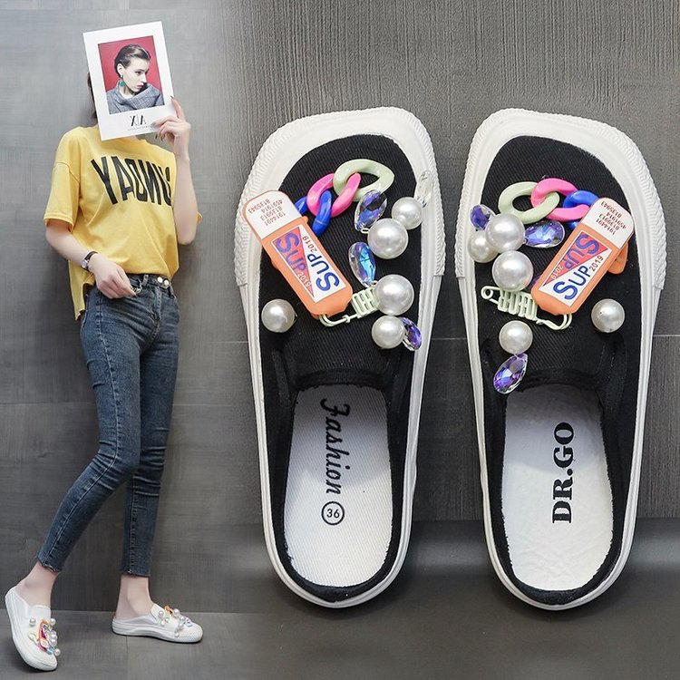 Dép Vải Canvas Đế Bằng Đính Ngọc Trai Dễ Thương