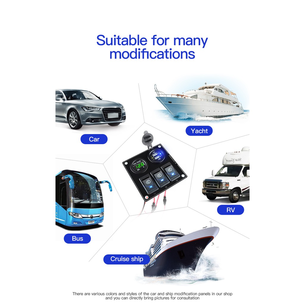 Bảng Công Tắc Sạc Nhanh QC 3 Gang Hai Cổng USB 12 / 24V 45W Chống Nước Cho Xe Hơi / Tàu Thuyền