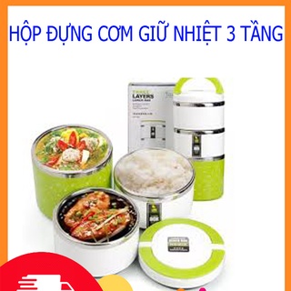 Ca men đựng cơm 3 tầng - hộp đựng cơm inox cao cấp - hộp cơm giữ nhiệt chấm bi