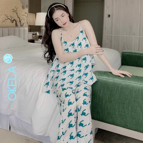 Đồ ngủ sexy nữ 2 dây quần dài pijama lụa cute mặc nhà dễ thương chất liệu mango cao cấp OKELA DT