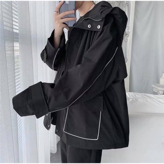 Áo khoác dù viền sọc màu ĐEN/KEM ❤️/Nam nữ unisex/❤️ Freeship 250k❤️