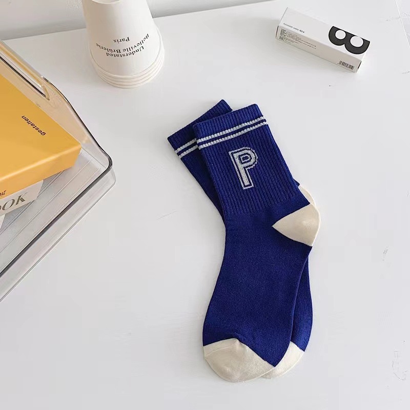 Vớ Cotton Cổ Cao Vừa In Chữ Màu Xanh Navy Thời Trang Cho Nam Và Nữ