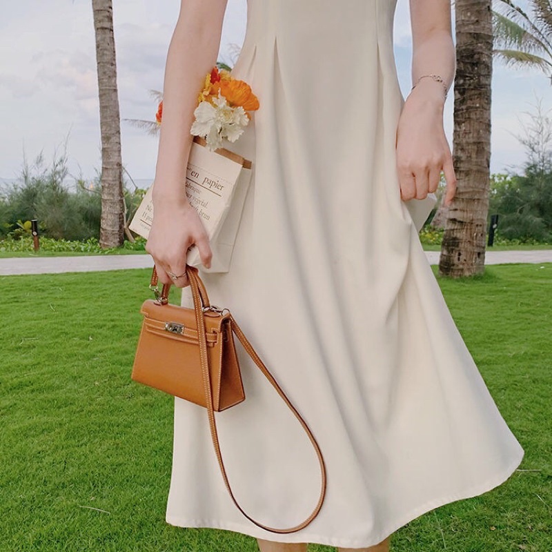 Đầm trắng nữ dáng dài cổ tim, váy trắng nữ tay lỡ chiết li eo dáng dài tiểu thư | BigBuy360 - bigbuy360.vn