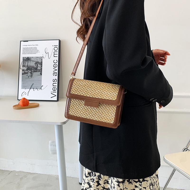 Túi Đeo JASMIN NOIR Vai Nắp Gập Đan Rơm Cho Nữ