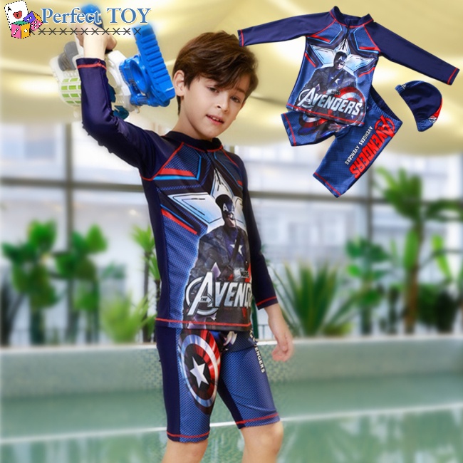 Bộ Đồ Bơi 3 Món Áo Tay Dài + Quần Short + Mũ Chống Nắng Nhanh Khô Cho Bé 3-9 Tuổi