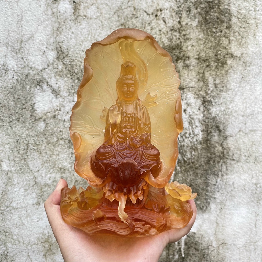 Tượng Quan Âm Lá Sen Đá Lưu Ly Cao Cấp Cao 16cm - Trang Trí Ô Tô Siêu Đẹp