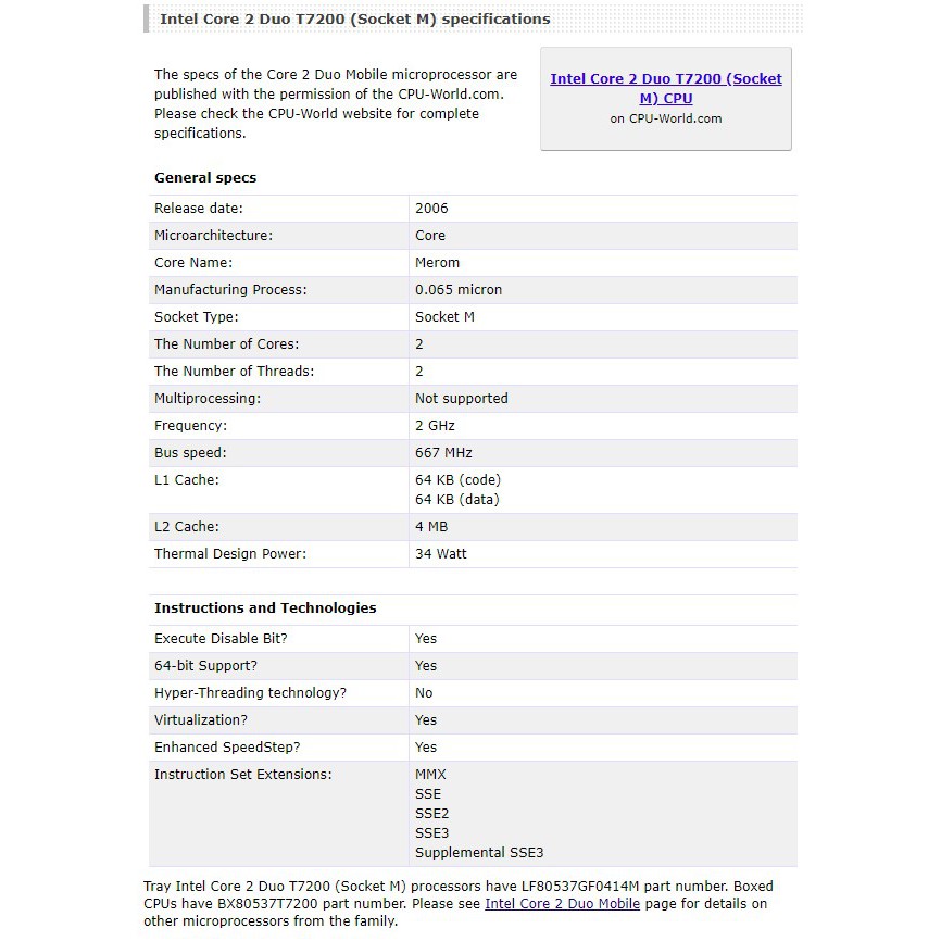 Linh Kiện Điện Tử Intel Core 2 Duo 2.5,00 / 4m / 667 T7200 Sl9Sf Cho Cpu