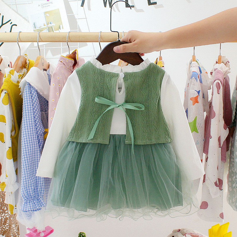 Qiaoqiao Đầm Công Chúa Tay Dài Giả Hai Mảnh Thời Trang Mùa Thu Cho Bé Gái