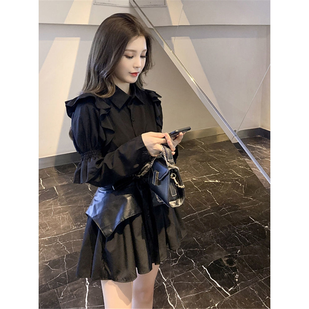 Bộ đồ 2 món gồm đầm sơ mi + thắt lưng ôm eo thời trang retro mùa đông cho nữ