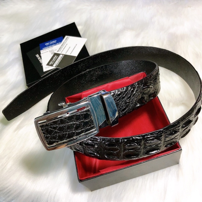 Dây thắt lưng da cá sấu thật, 3.8 cm, màu đen, da lưng cá sấu, đầu nịt tự động