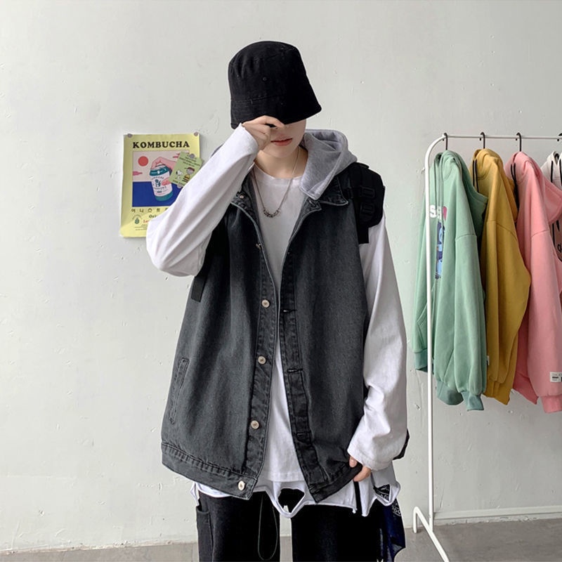 Áo Khoác Denim Không Tay Có Mũ Trùm Phong Cách Hàn Quốc Thời Trang Mùa Thu Dành Cho Nam