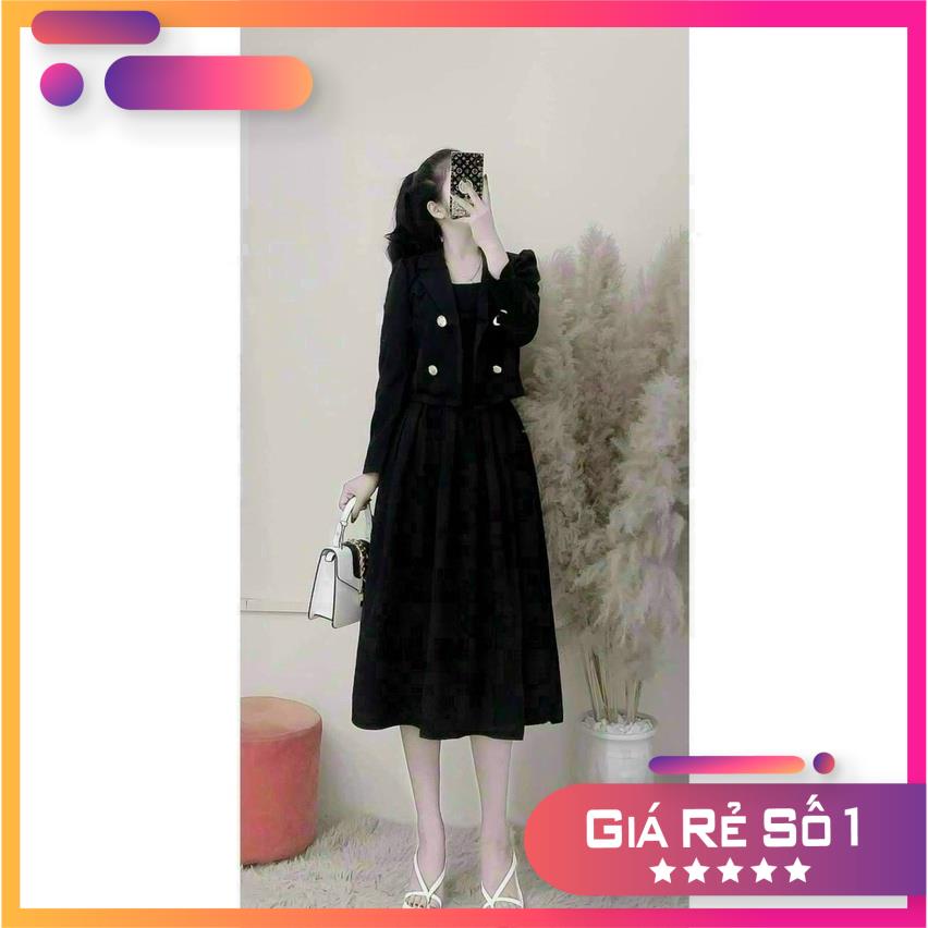 Set bộ nữ hàn quốc áo cổ vest tay dài phối nút croptop mix chân váy xòe dài,công sở trẻ trung