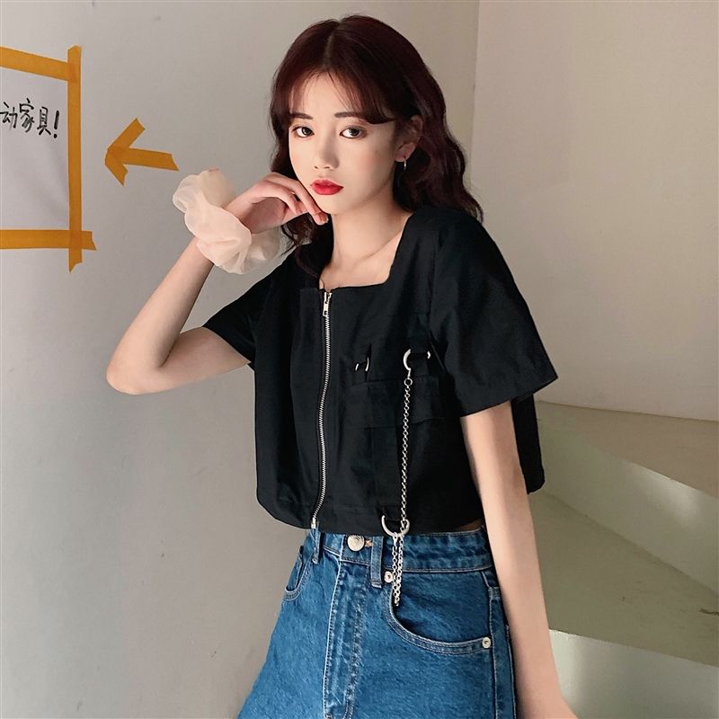 Áo Thun Ngắn Tay Cổ Vuông Phối Khóa Kéo Thời Trang Hè 2020 Cho Nữ