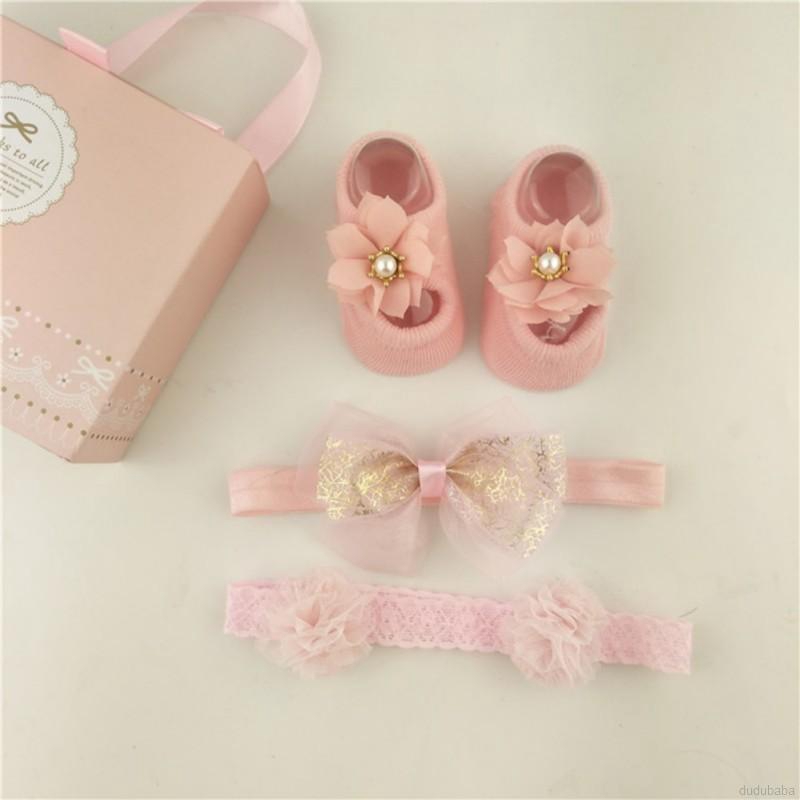 Set vớ cotton + băng đô phối nơ hoa hoạt hình thời trang cho bé 0-2 tuổi