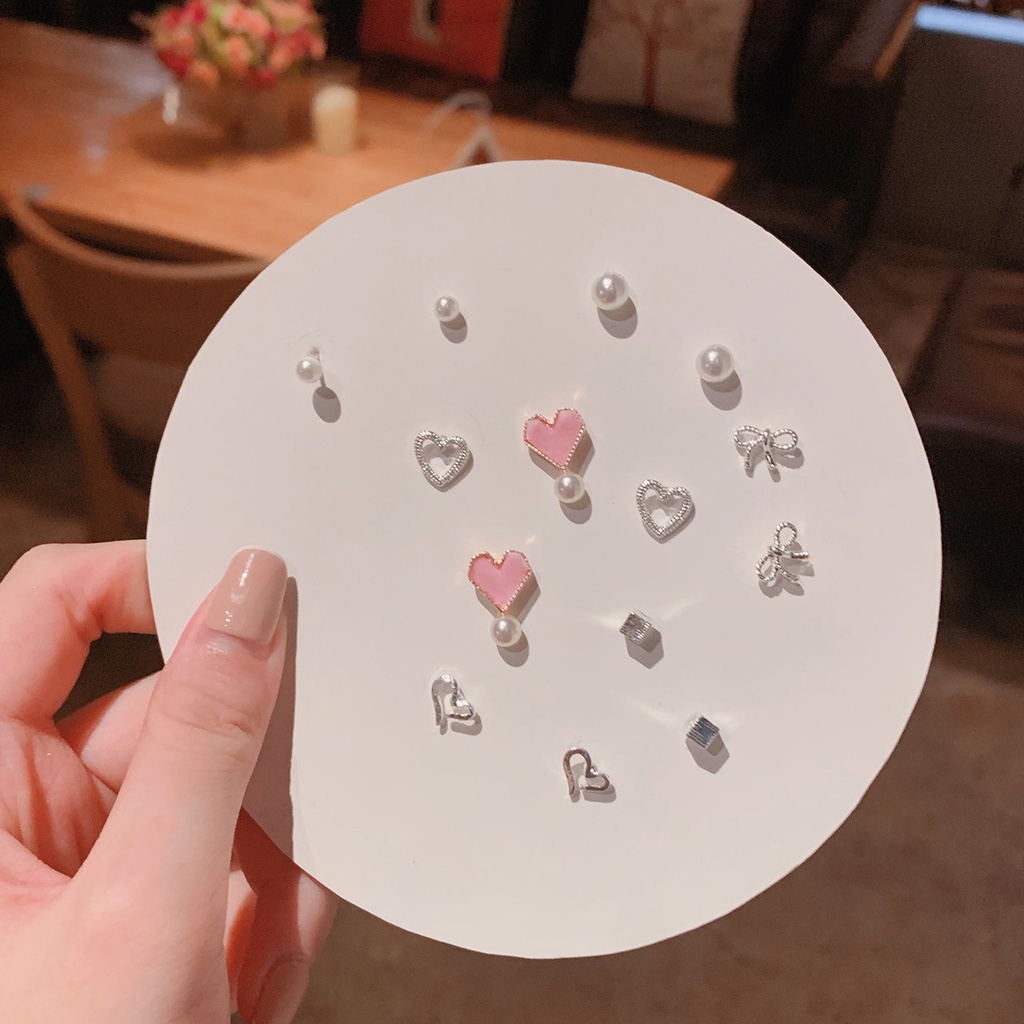 Set 7 đôi bông tai bạc S925 thời trang Hàn Quốc 2022