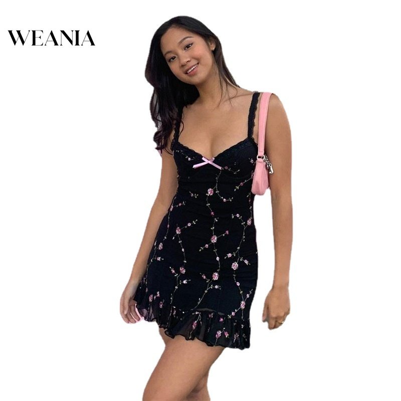 Đầm Hai Dây Phối Lưới Họa Tiết Hoa Xinh Xắn Thời Trang Mùa Hè