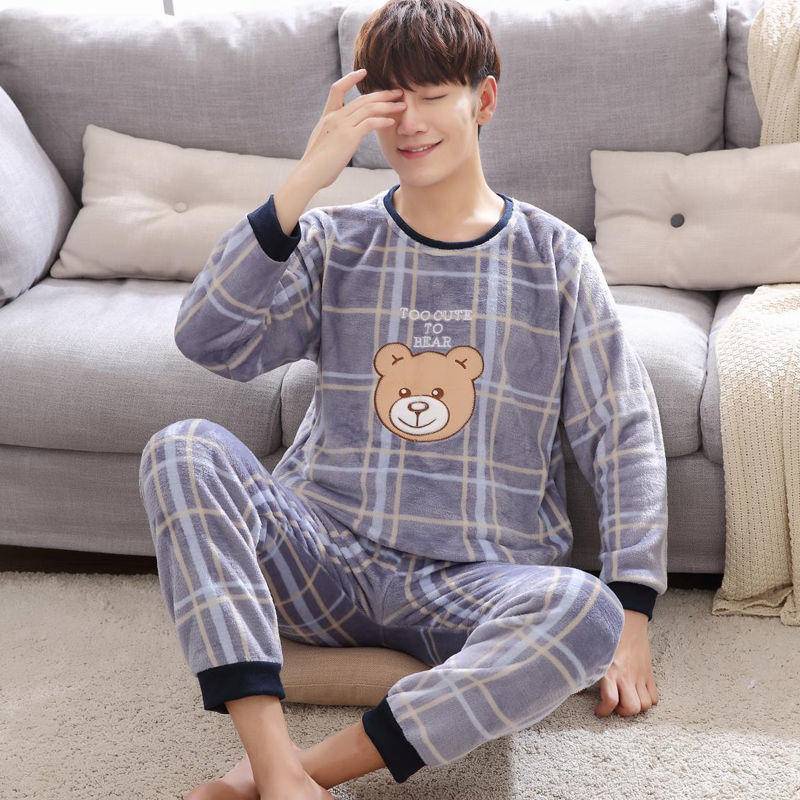 Bộ đồ ngủ lông cừu san hô dày cỡ lớn in họa tiết hoạt hình thời trang thu đông cho nam