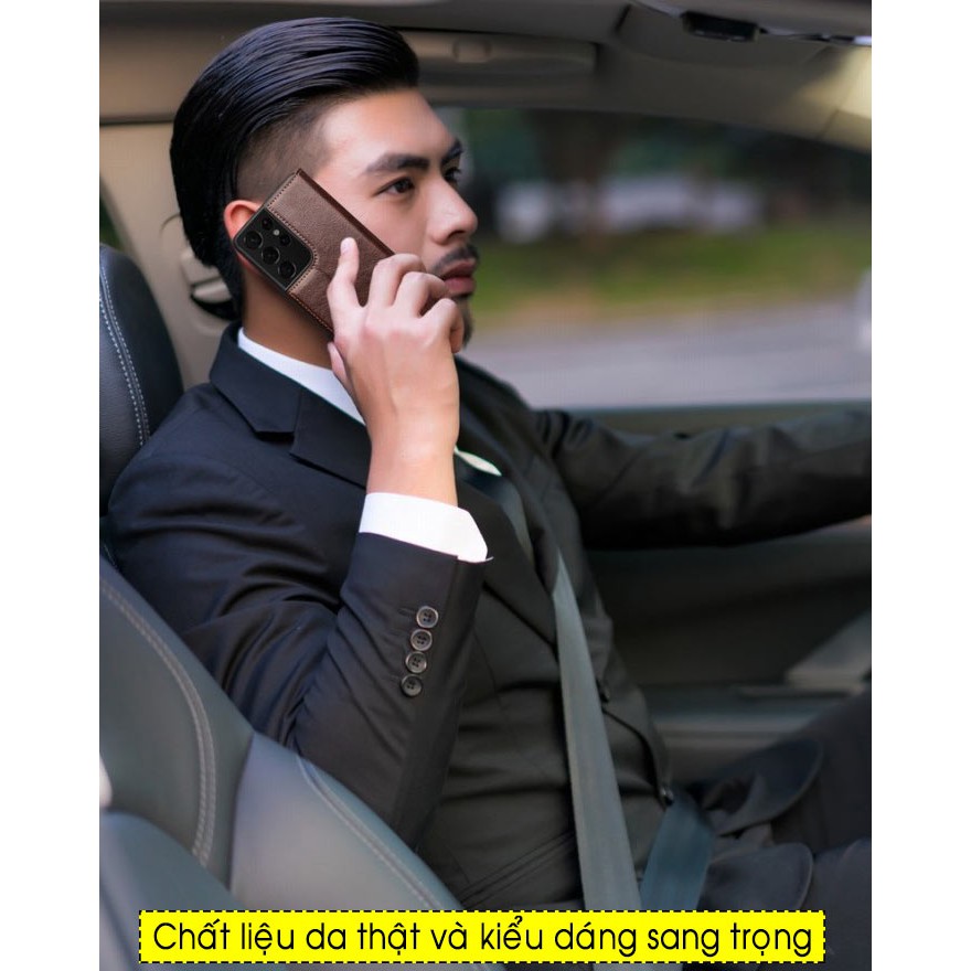 Bao da Samsung S21 Ultra 5G Qlino Wallet da bò thật - Hàng Chính Hãng.
