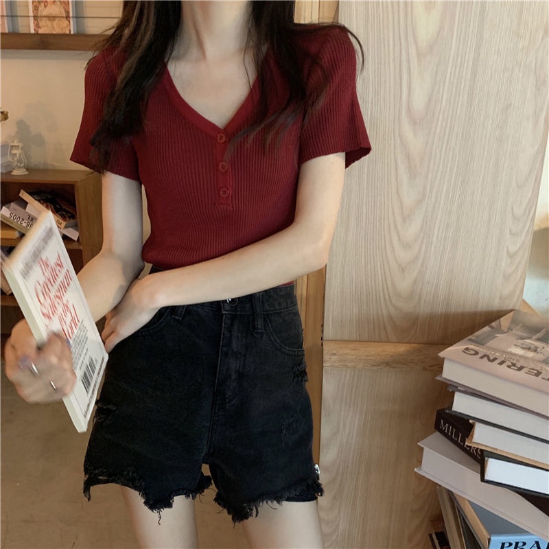 Áo Dệt Kim Tay Ngắn Cổ Chữ v Dáng Ôm Thời Trang Mùa Hè Phong Cách Hàn Quốc 2022 Cho Nữ