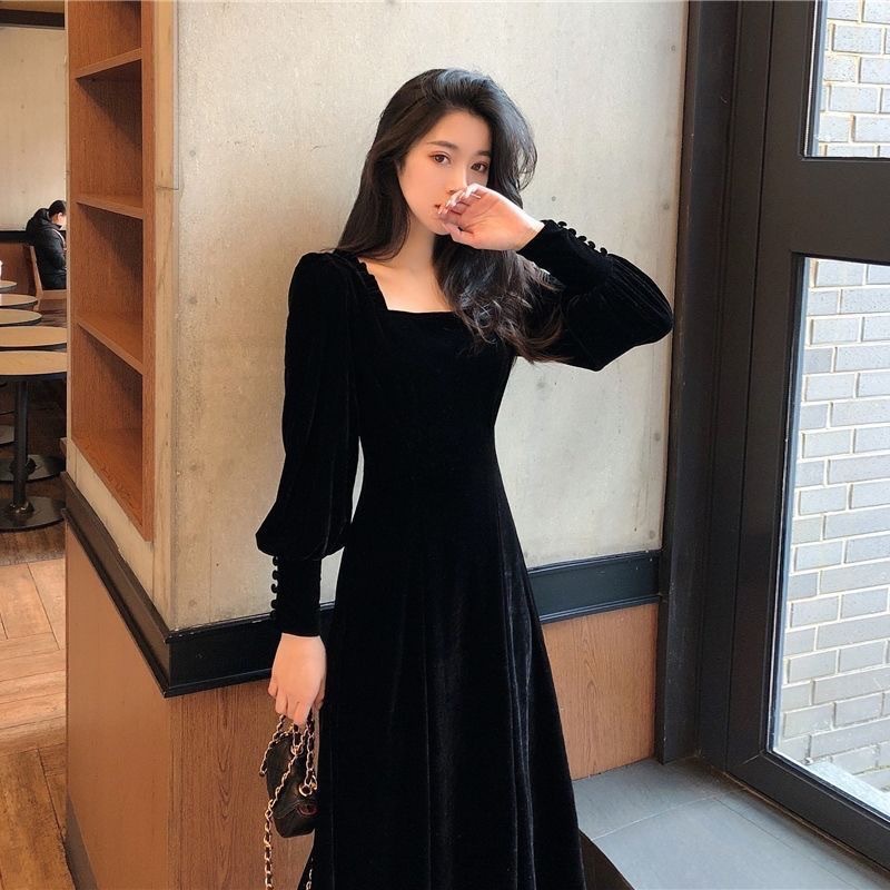 Đầm Nhung Cổ Vuông Tay Bồng ⚡️ẢNH THẬT⚡️ Váy Đầm Chất Nhung, Dáng Dài, Trơn Đen Cho Nữ