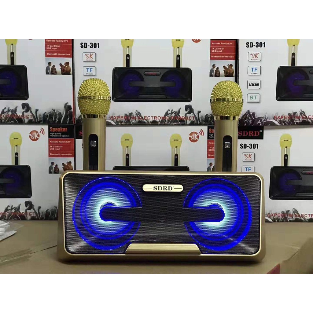 Loa karaoke mini di động SD-301 2022 hát karaoke đa năng + Tặng kèm 2 micro CÓ NÚT VOL MIC