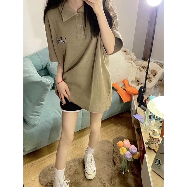 Áo Polo Nâu Tay Ngắn Dáng Rộng Thêu Chữ Phong Cách Vintage Thể Thao Hàn Quốc Có Cổ Đủ Size Phom Unisex