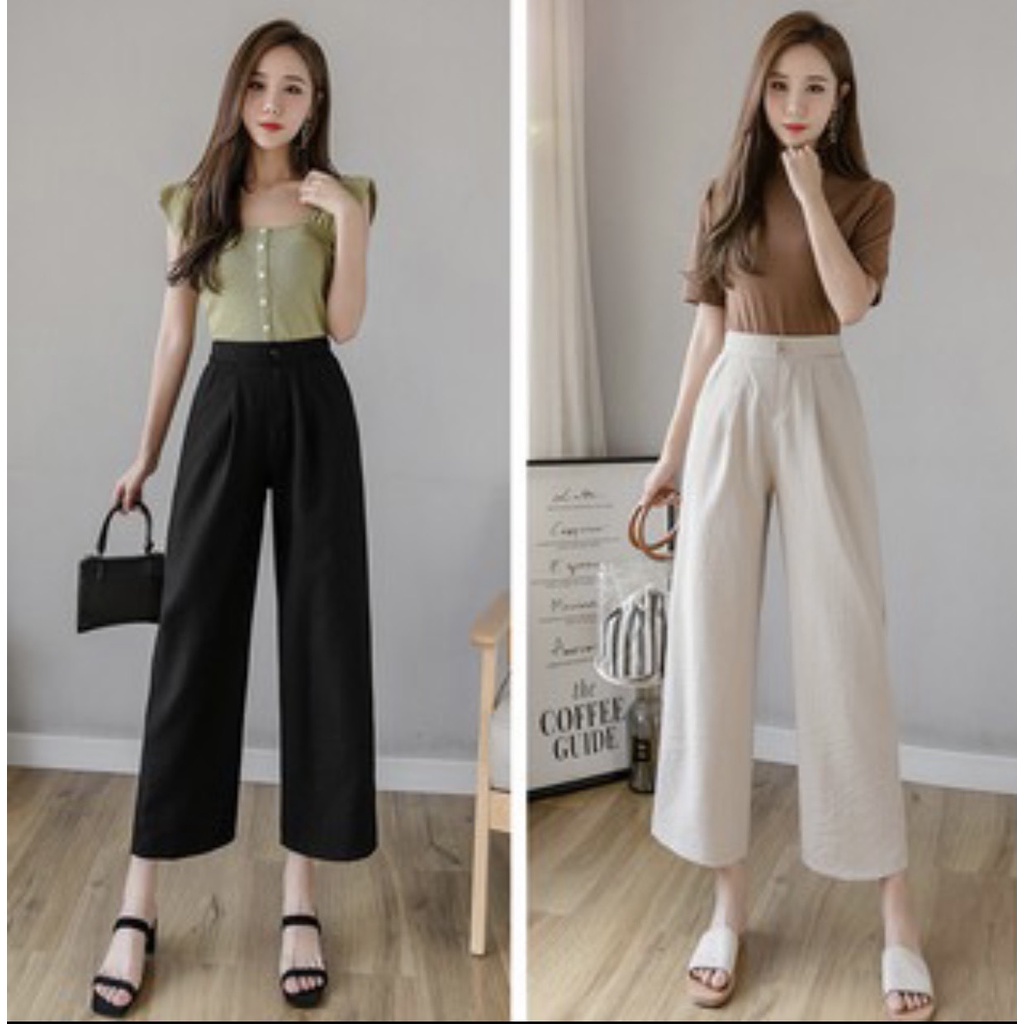 Quần đũi lửng nữ ống rộng suông lỡ cạp chun lưng thun - Có cúc khóa - Màu Đen Trắng Kem - Vải Đũi xước đi biển ở nhà ngủ