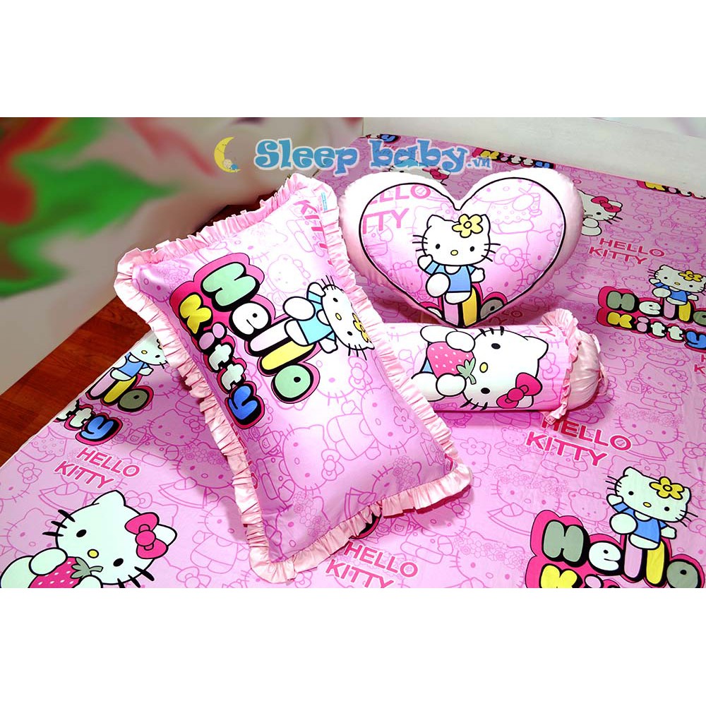 Bộ Chăn ga gối đệm cho bé Hello Kitty hồng với chất liệu 100% lụa satin Hàn Quốc thoáng mát
