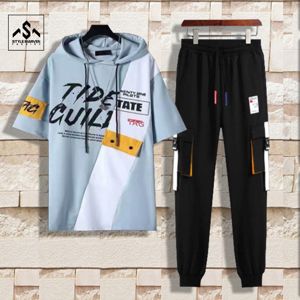 Bộ quần áo thun nam ngắn tay STYLE MARVEN hoodie TIDE GULLI kết hợp jogger túi hộp thời trang - SET NAM 9000024